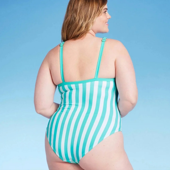 Kona Sol •Plus Size 24• V-neck Striped Turquoise White One Piece Swimsuit NWT - Picture 2 of 10